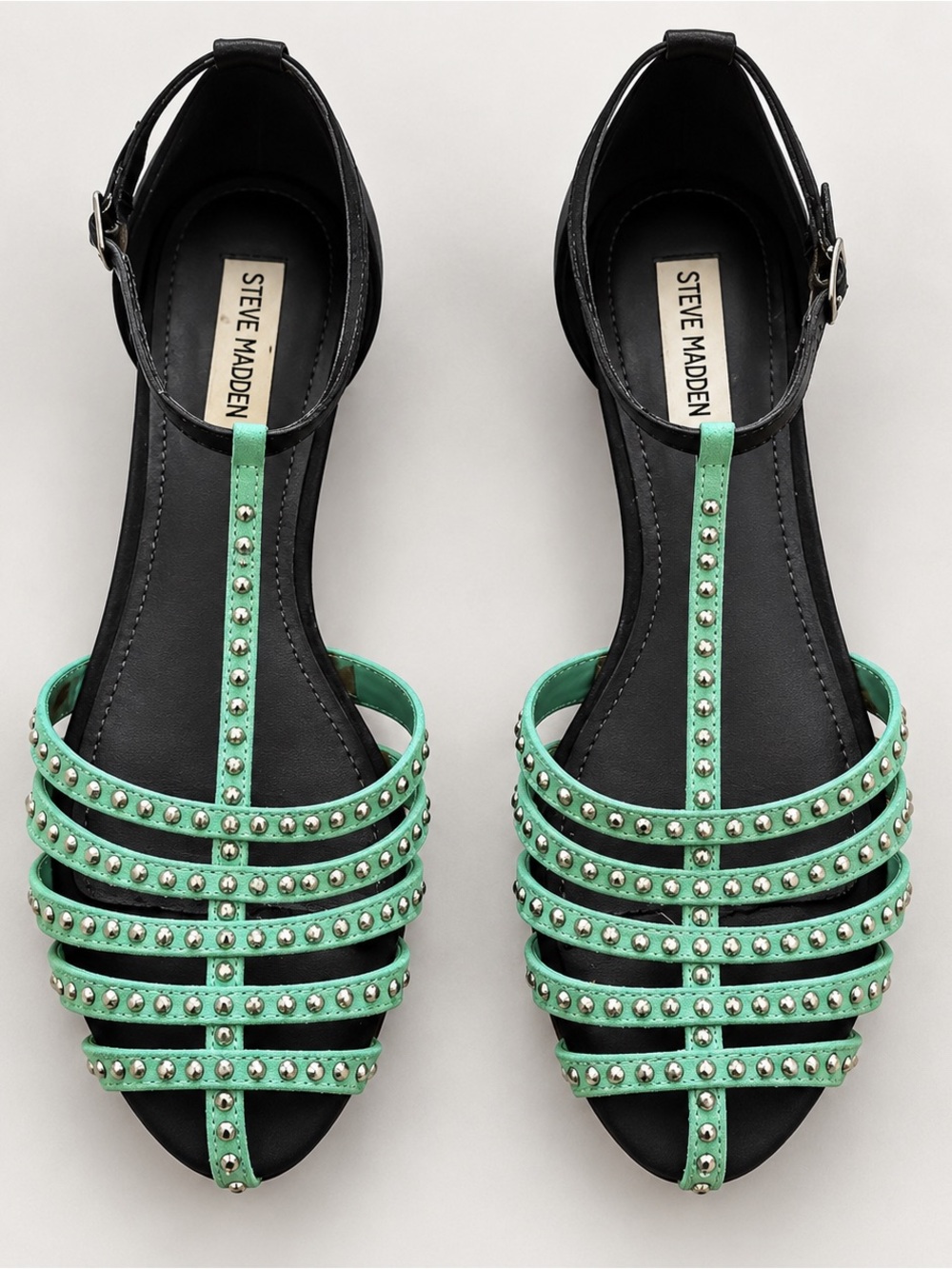 Steve Madden Turquoise & Black Studded T-Strap Flat Sandals